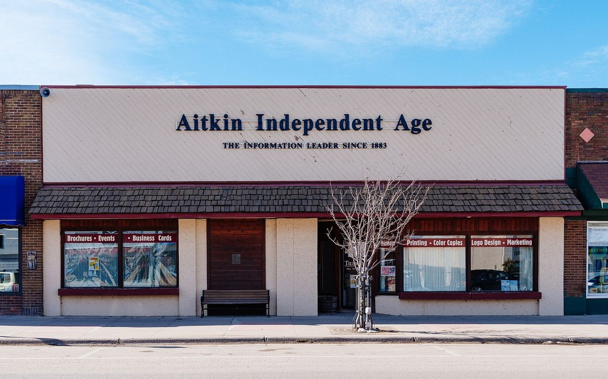 The offices of the Aitkin Independent Age (Aitkin Age), a local newspaper published by MessAge Media, at 213 Minnesota Avenue North, Aitkin, Minnesota. -- © 2018 Tony Webster tony@