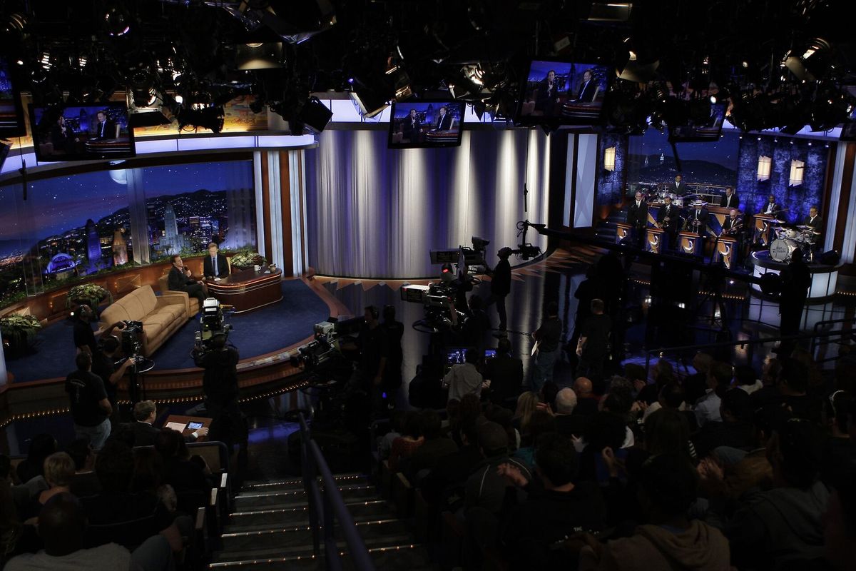 View from an audience seat from a late night talk show hosted by Conan O'Brien