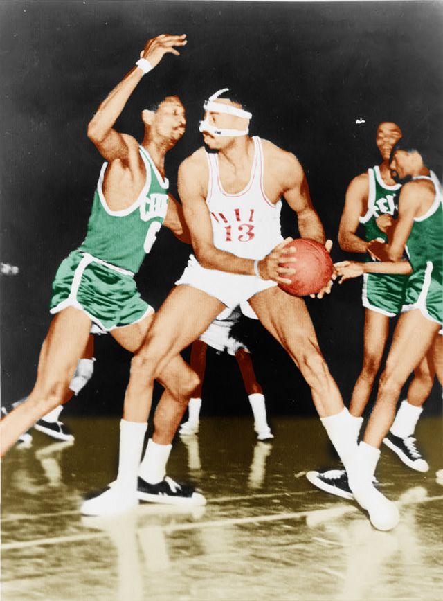 Wilt Chamberlain and Bill Russell during a basketball game