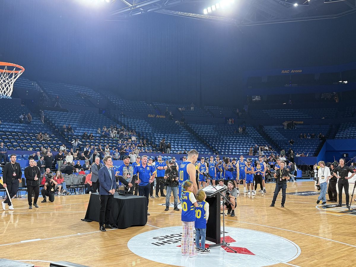 Aaron Ralph, captain of the Geraldton Buccaneers , addressing the crowd with a post-game speech at RAC Arena following 2025 NBL1 West Grand Final where the Buccaneers won the champ