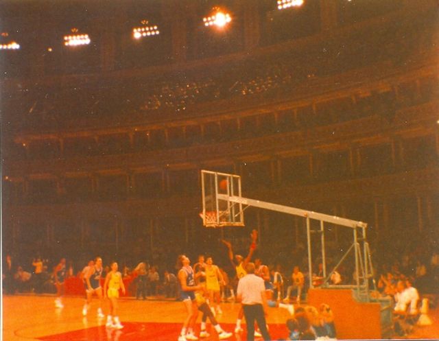 Portsmouth FC Basketball Club (in blue) play Kingston Kings in the National Cup final at the Royal Albert Hall in London on December 14th 1987. The Portsmouth players standing unde