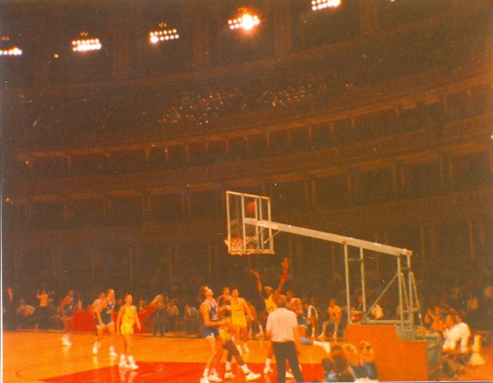 Portsmouth FC Basketball Club (in blue) play Kingston Kings in the National Cup final at the Royal Albert Hall in London on December 14th 1987. The Portsmouth players standing unde