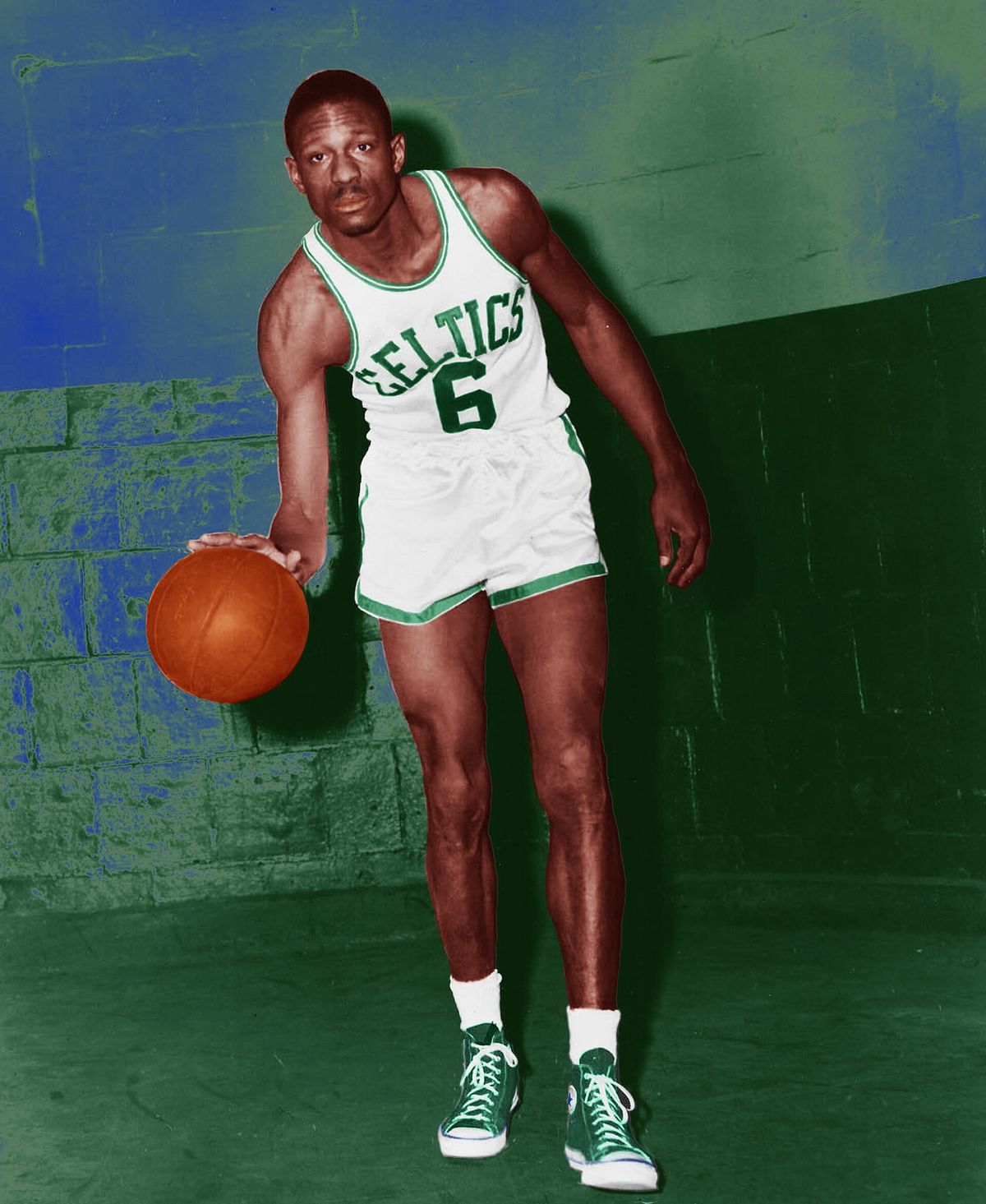 Former Boston Celtics player, Bill Russell, during his first years with the franchise. Color edition by user Sportingn